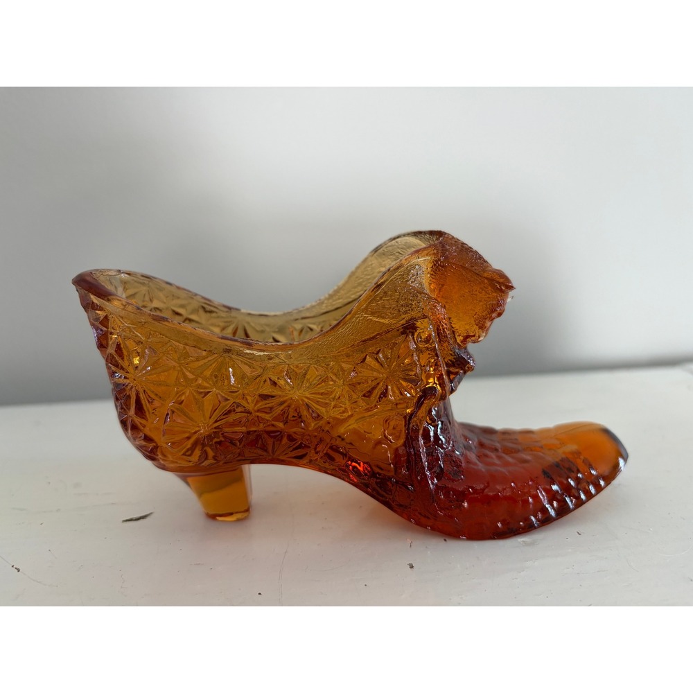 Vintage Amber Glass Slipper Figurine Cat in Shoe Embossed Decorative Glassware